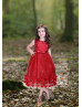 Beaded Red Satin Glitter Tulle 3D Flowers Sparkly Flower Girl Dress